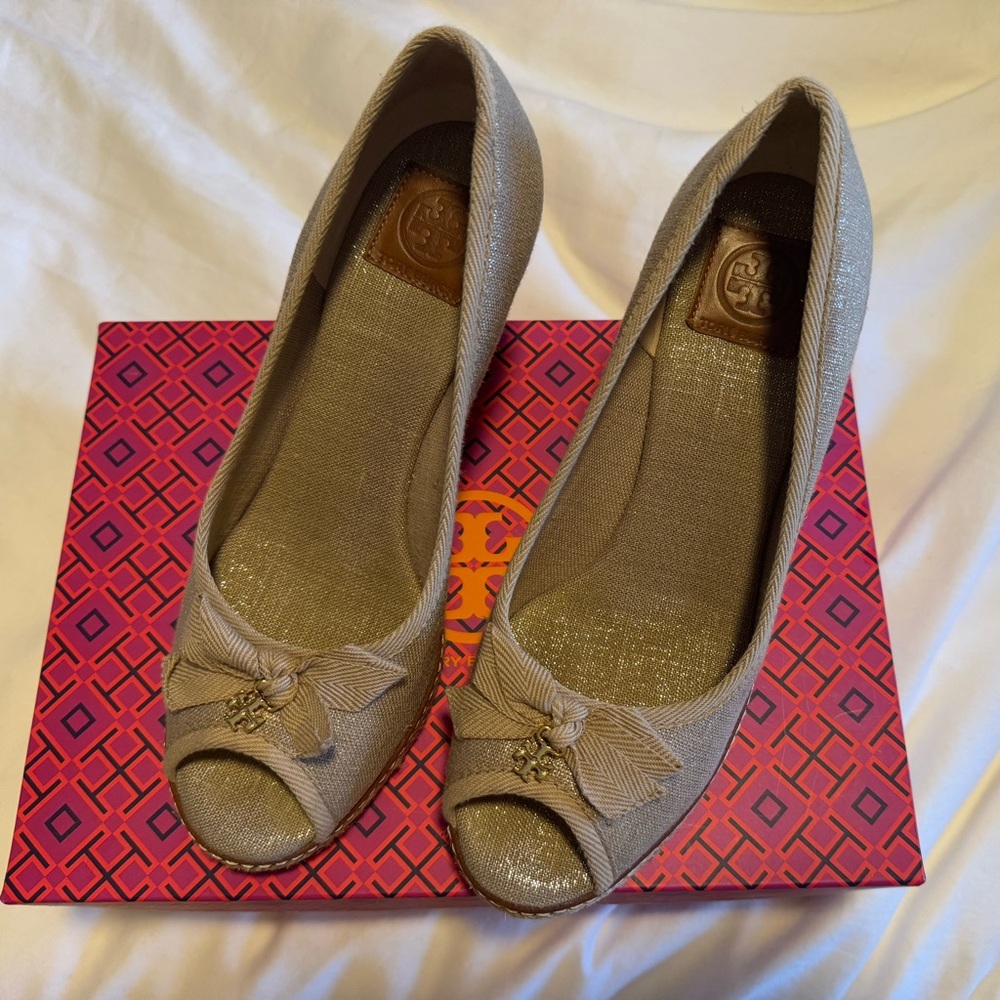 Tory Burch Metallic Beige Peep-Toe Wedge Flats
